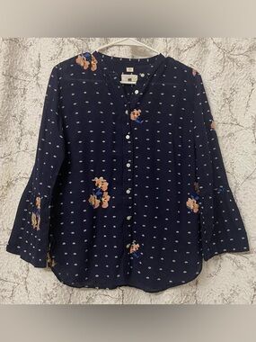LOFT Navy Floral Button-Up Blouse Size Small